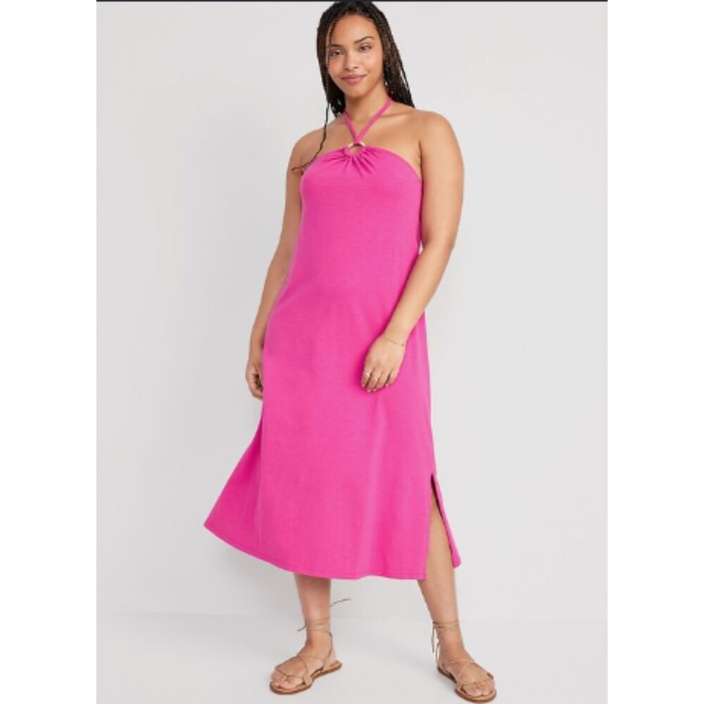 Old Navy NWT Slub Knit Halter O-Ring Midi Dress Pink 3X Resort Summer Cruise